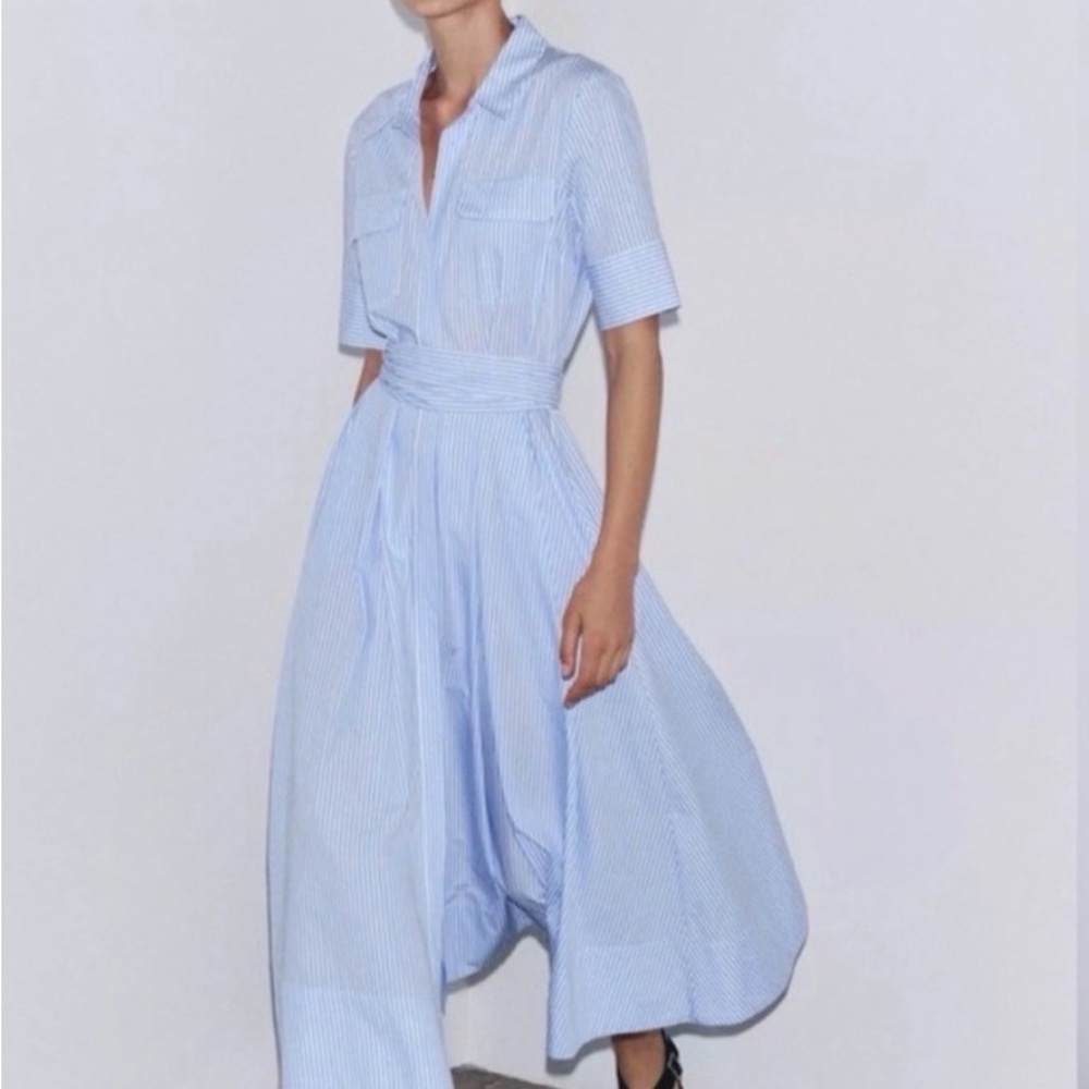 Zara white and blue striped belted dress